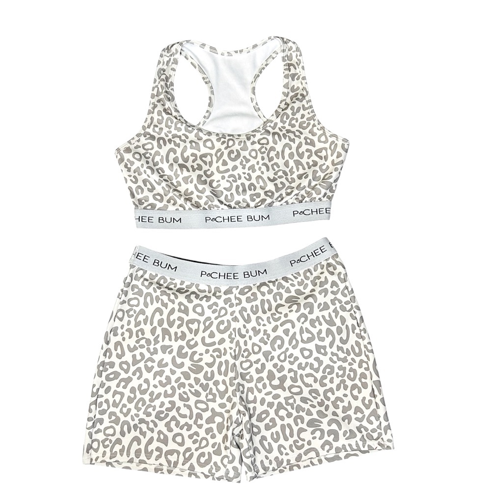 PCHEE BUM White & Grey Leopard Print Scrunch Butt Shorts & Sports Bra Set